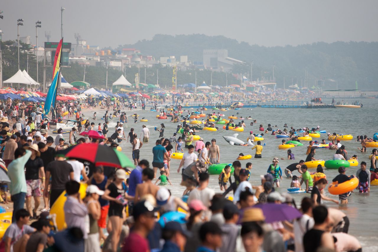 한여름 성수기의 대천해수욕장 — 너른 백사장을 가득 채운 피서 인파와 튜브
