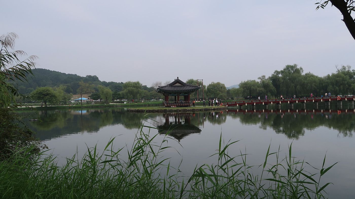 물안개 어린 궁남지 전경 — 못 가운데 포룡정과 버드나무가 어우러진 백제 정원