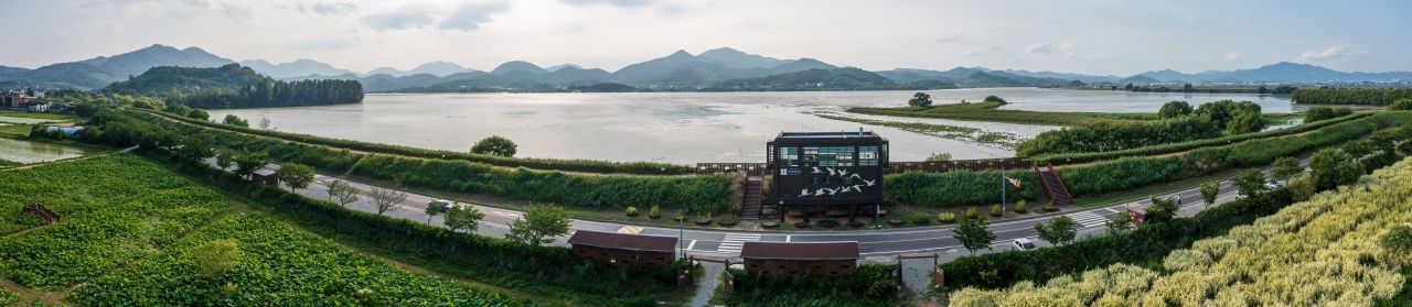 주남저수지 탐조대 — 넓은 습지 가에 새 모양을 새긴 탐조 건물이 서서, 겨울이면 철새 무리를 맞는다