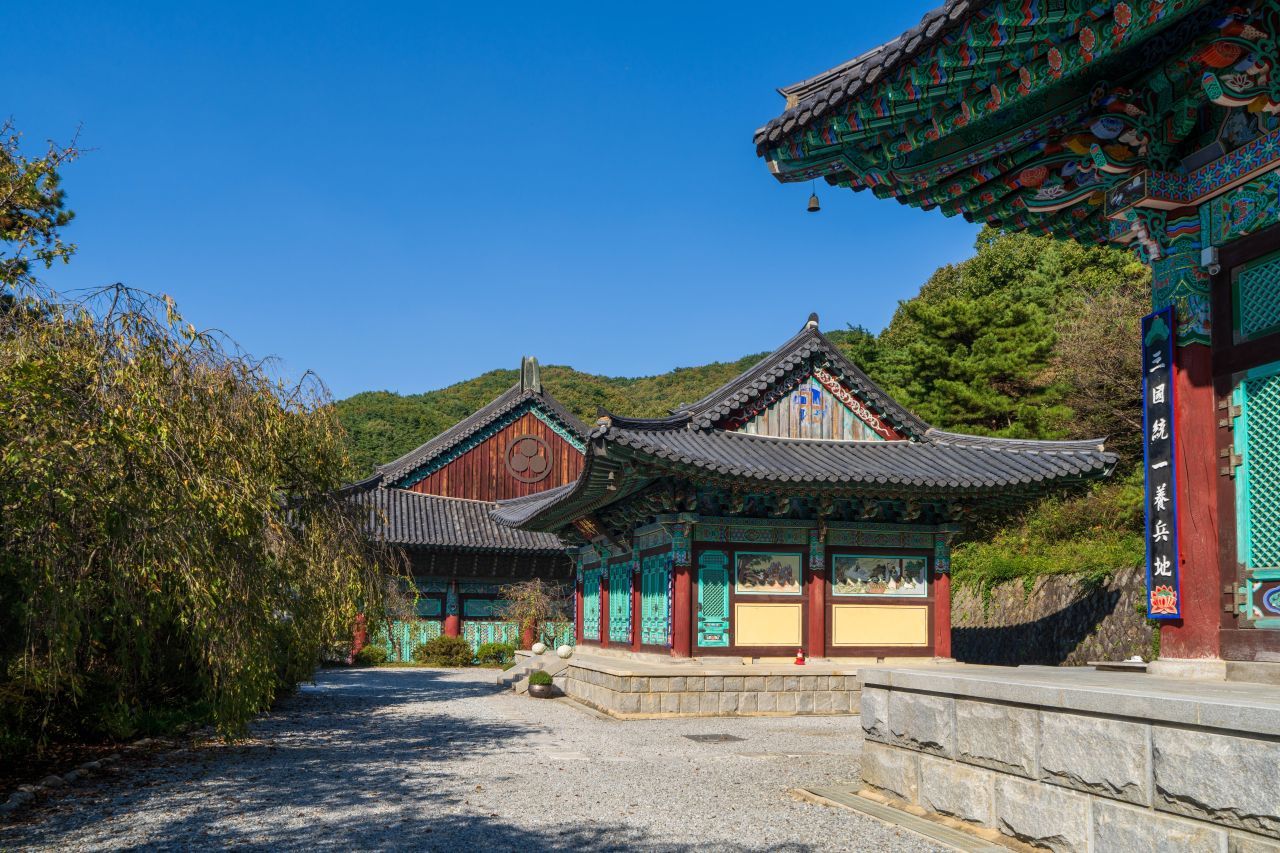 각원사 뜨락 — 단청 처마 너머로 태조산 숲과 전각들이 이어져, 도심에서 멀지 않은 산사의 고요를 전한다