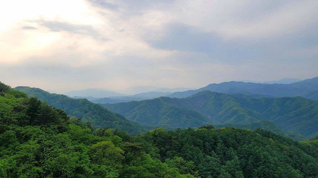 삼악산 능선에서 바라본 춘천의 겹겹한 산 풍경