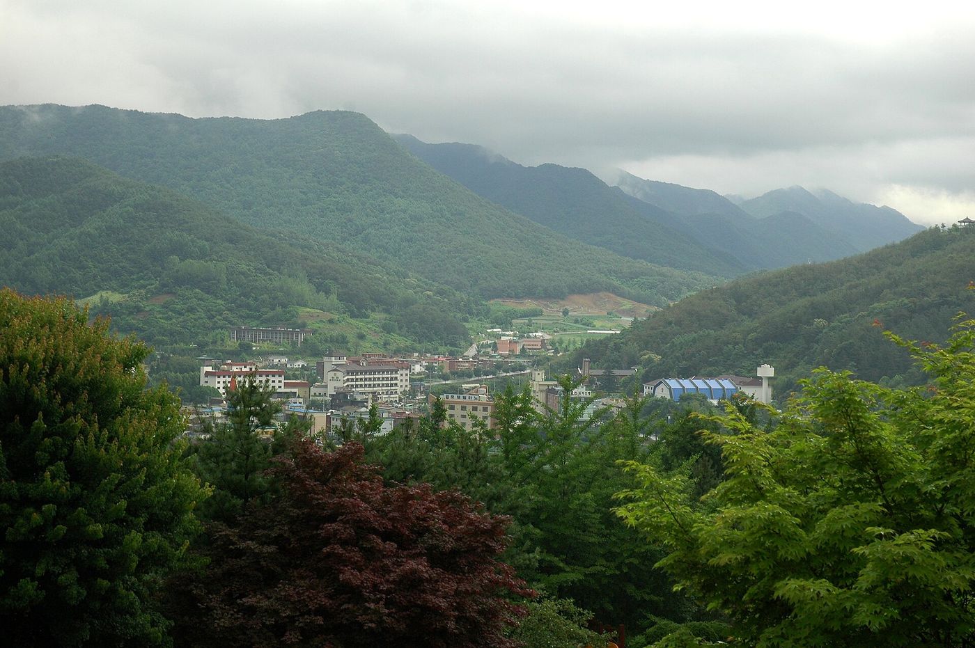 산자락 아래 자리 잡은 수안보온천 마을 전경 — 나지막한 건물들이 온천촌을 이룬다