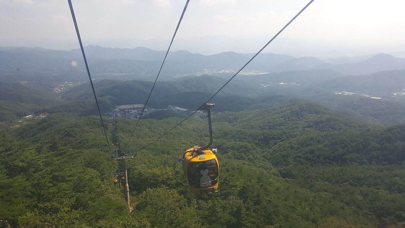 팔공산 케이블카 — 노란 곤돌라가 능선을 오르는 사이, 발아래 초록 산자락과 겹겹의 산줄기가 시원하게 펼쳐진다