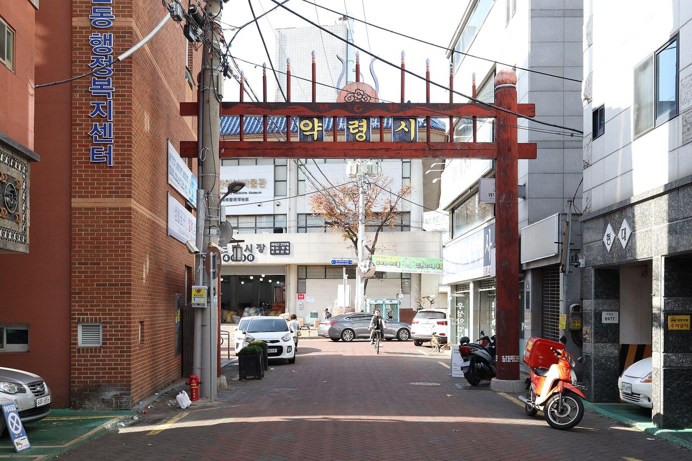 대구 약령시 한약 거리 — 한약방이 늘어선 골목 어귀에 '약령시' 현판을 단 솟을문이 섰다