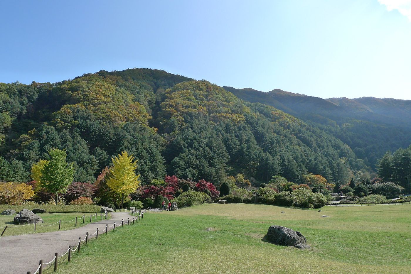 가을빛으로 물든 산자락 아래 잔디밭과 산책로 — 단풍철 아침고요의 너른 풍경