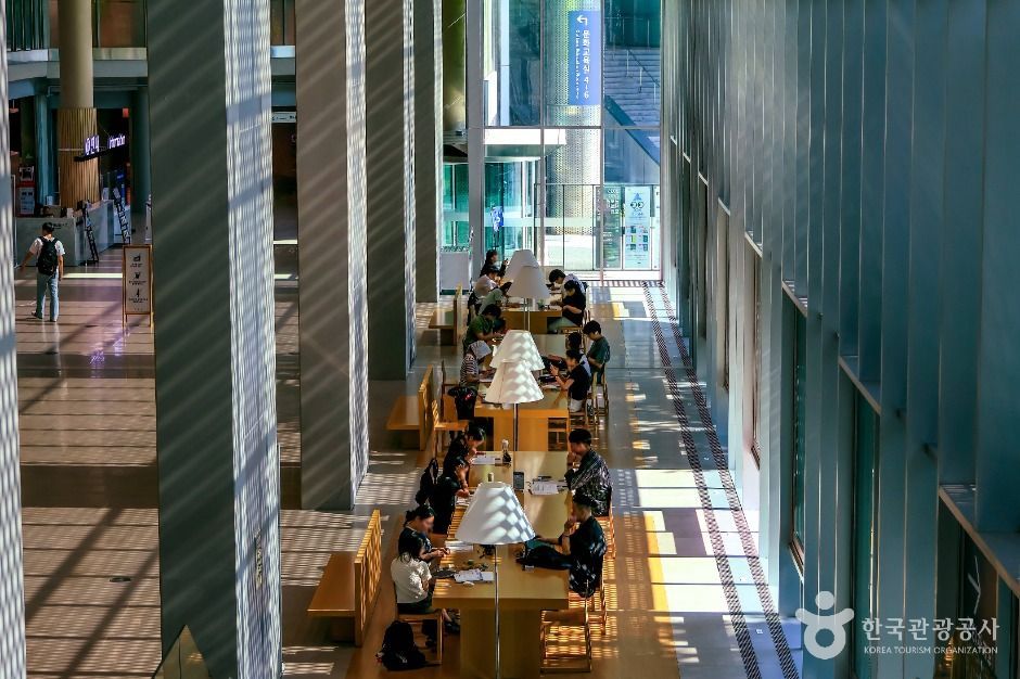 채광 좋은 ACC 열람 공간에서 사람들이 책을 보고 있다