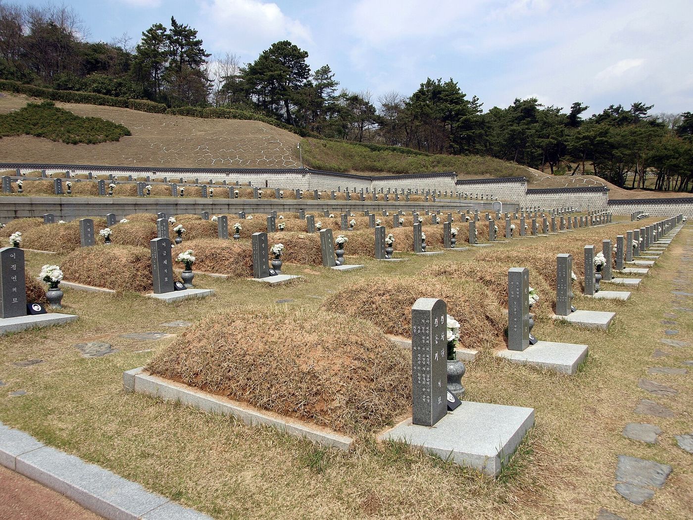 국립5·18민주묘지 묘역 — 줄지어 선 비석마다 흰 국화가 놓여 있다