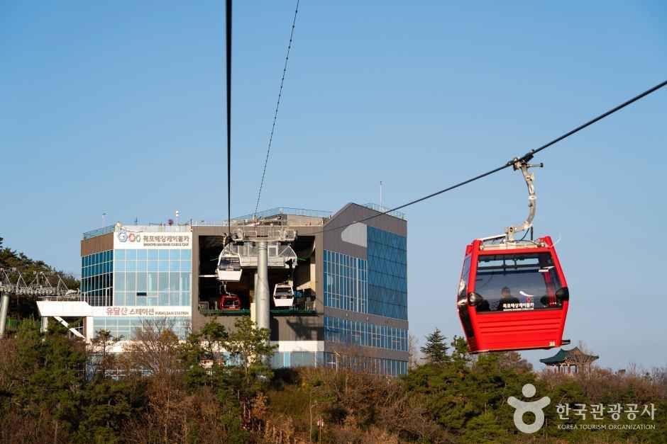 유달산 해상케이블카 승강장 — 빨간 곤돌라가 유달산을 넘어 바다 건너 고하도까지 잇는다