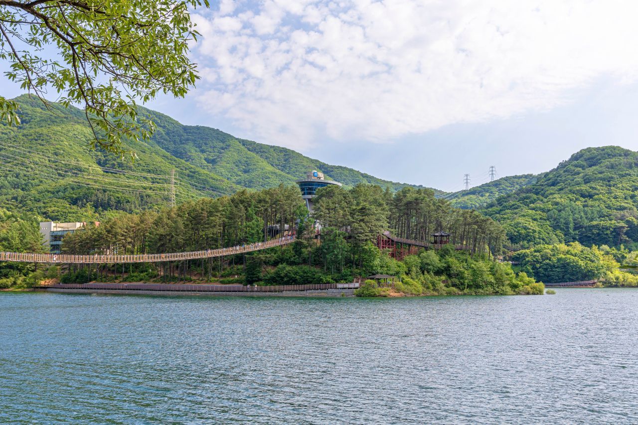 마장호수 출렁다리 — 호수 위를 가로지르는 220m 흔들다리와 수변 둘레길이 이어진다