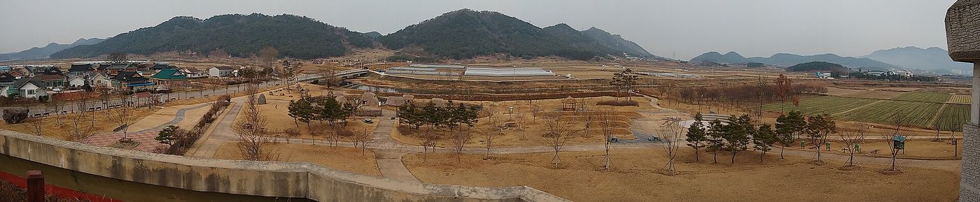 낮은 산을 등지고 넓은 들판에 자리한 고창 고인돌 유적 — 크고 작은 고인돌이 무리 지어 흩어져 세계 최대 밀집지를 이룬다