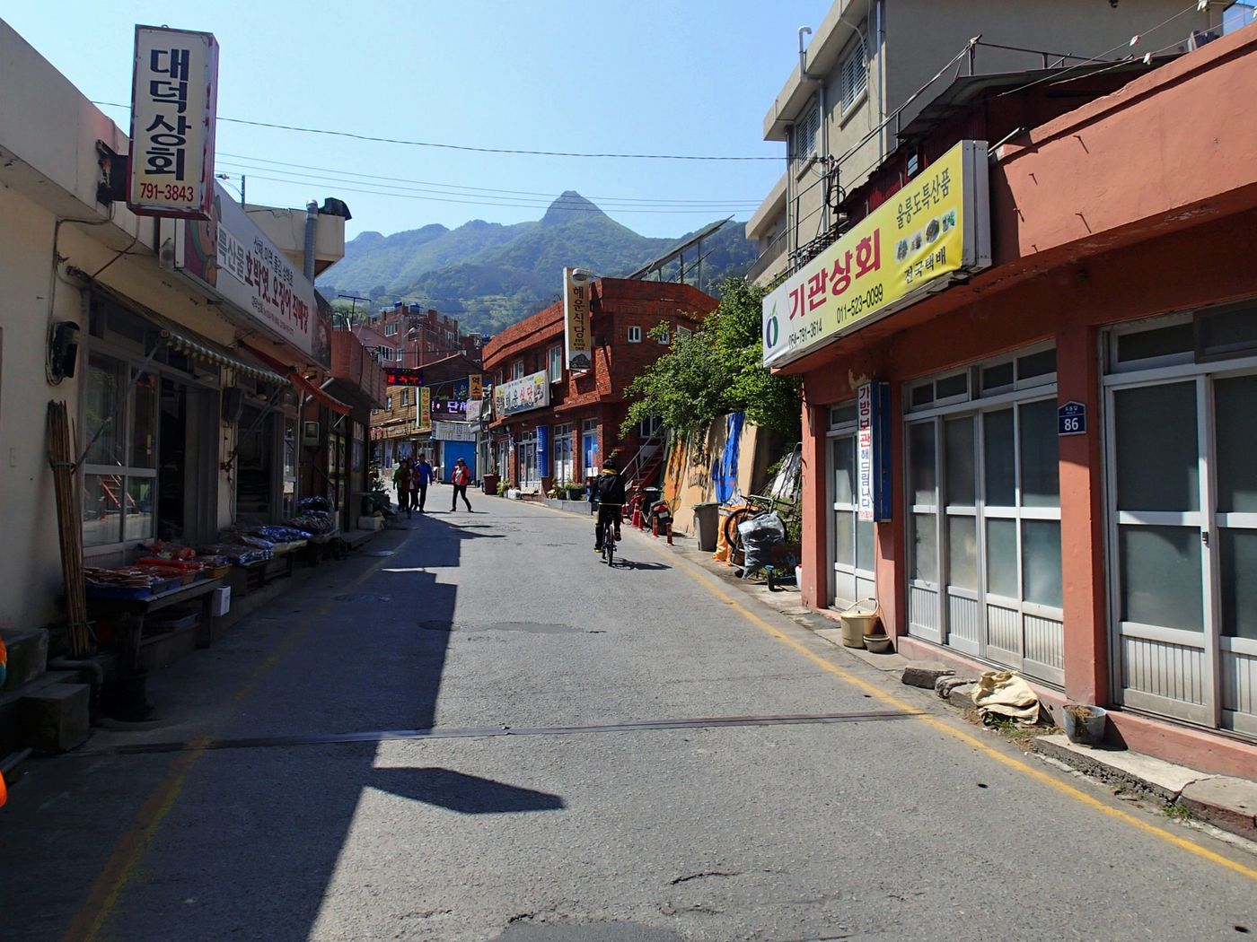 도동 시가지 골목 — 오징어 직판장과 특산품 가게가 늘어선 좁은 상점 거리, 뒤로 섬의 봉우리가 솟아 있다