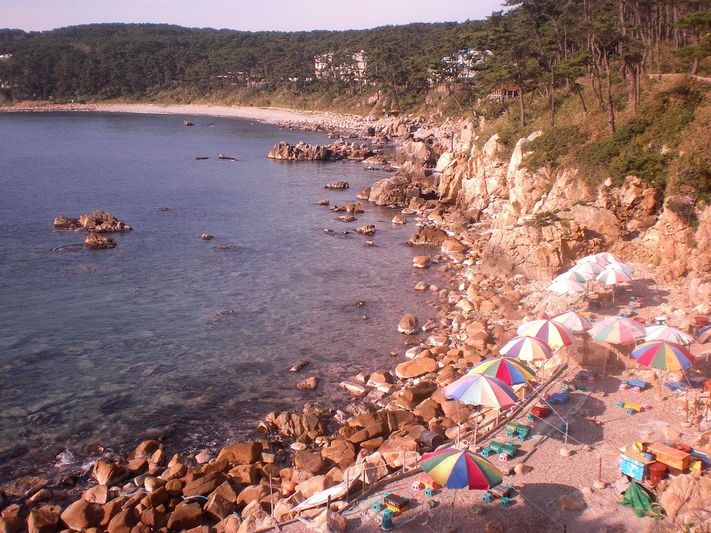 울산 동구 몽돌해변의 파라솔 — 정겨운 자갈해변