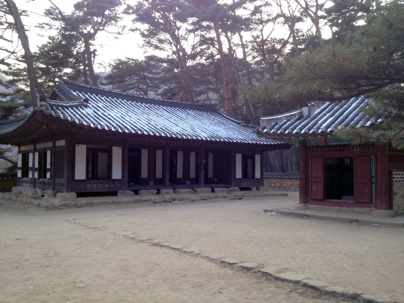 청령포 어소 — 솔숲에 둘러싸인, 단종이 머물던 강 속 섬의 기와집